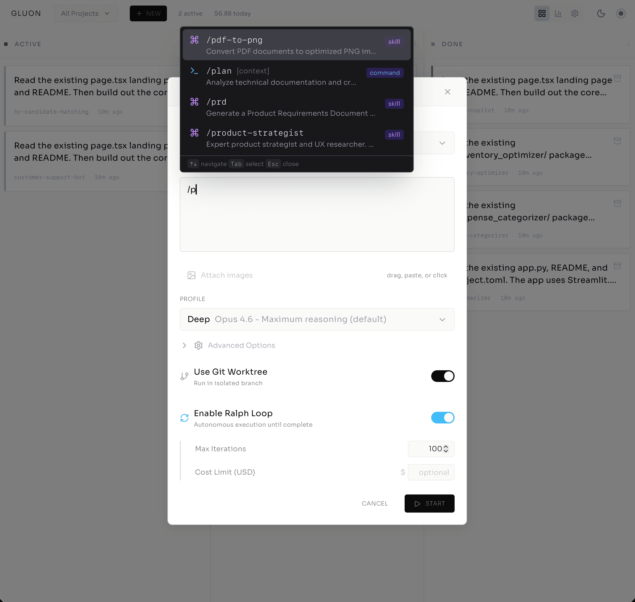 Task creation dialog with slash command autocomplete