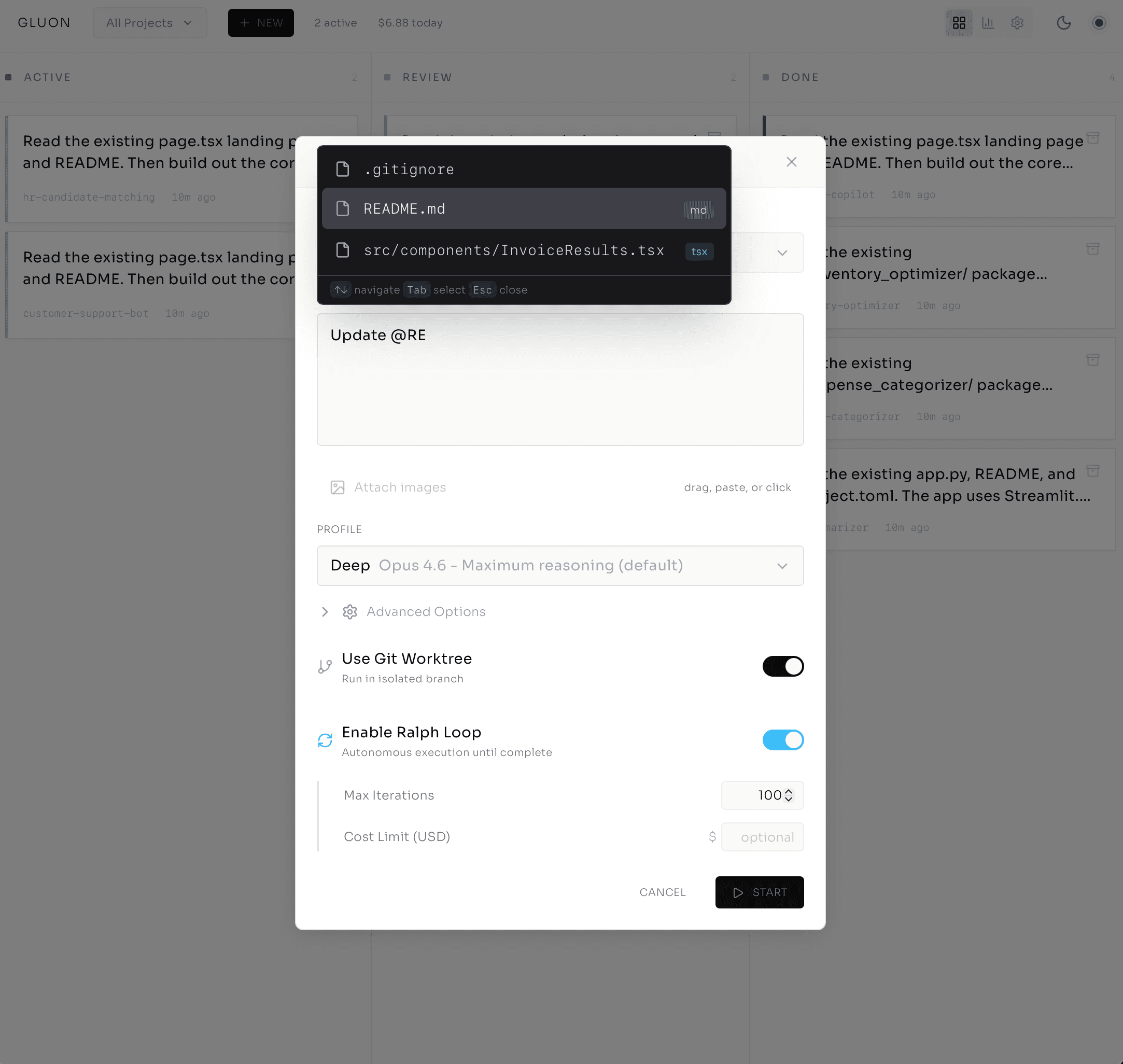 Profile selection, git worktree toggle, and execution options