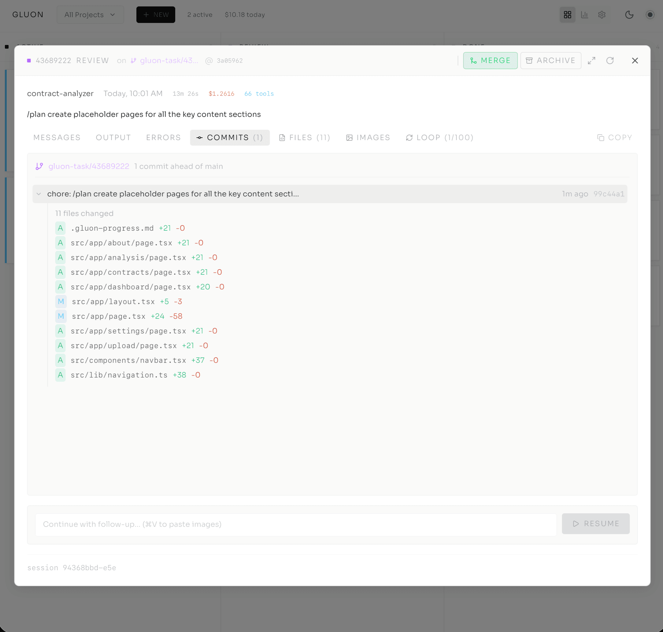 Commits tab showing files changed with additions and deletions