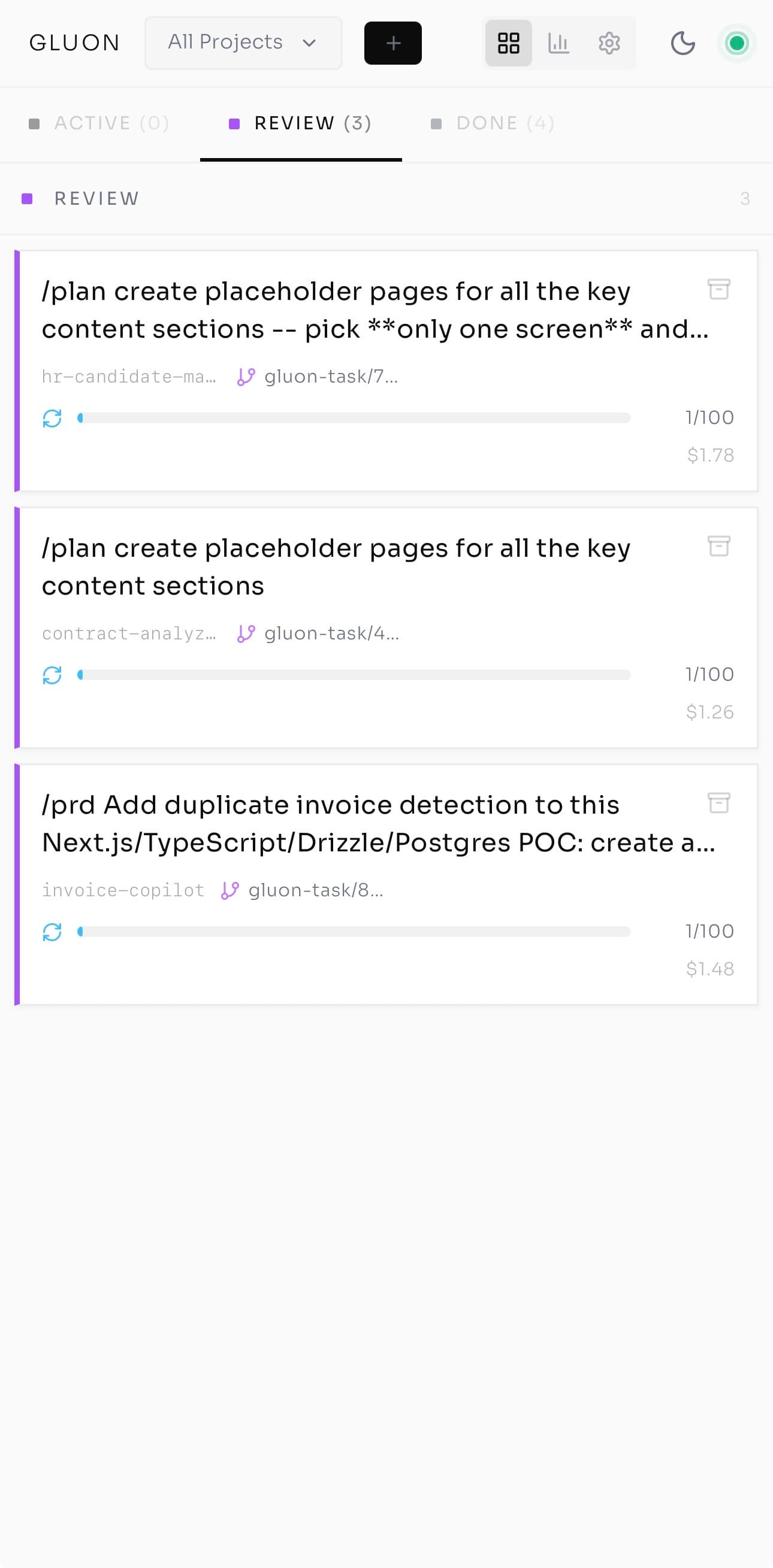 Gluon mobile PWA showing the Kanban board on a phone