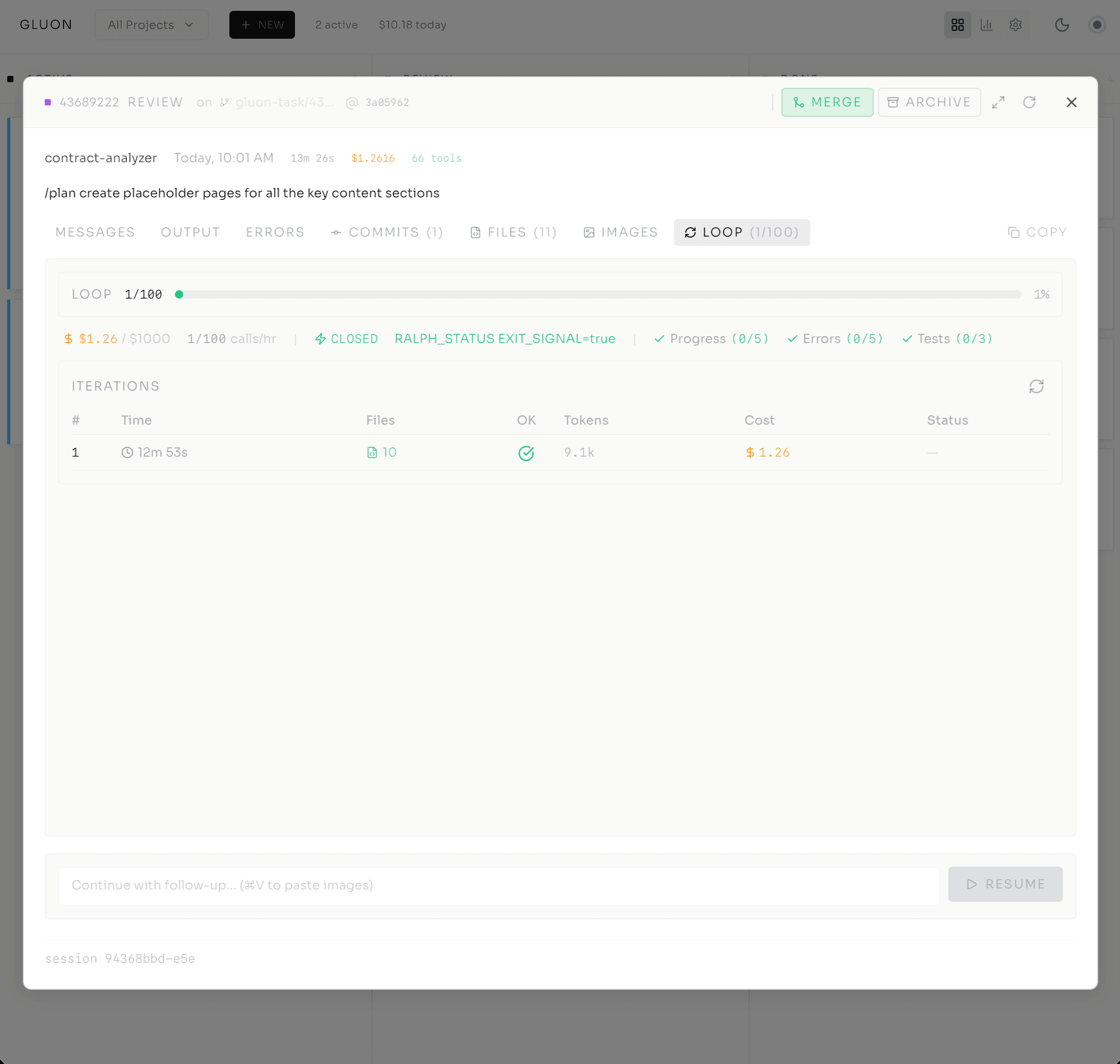 Ralph Loop iteration tracking showing files changed, tokens, cost, and exit signals per loop