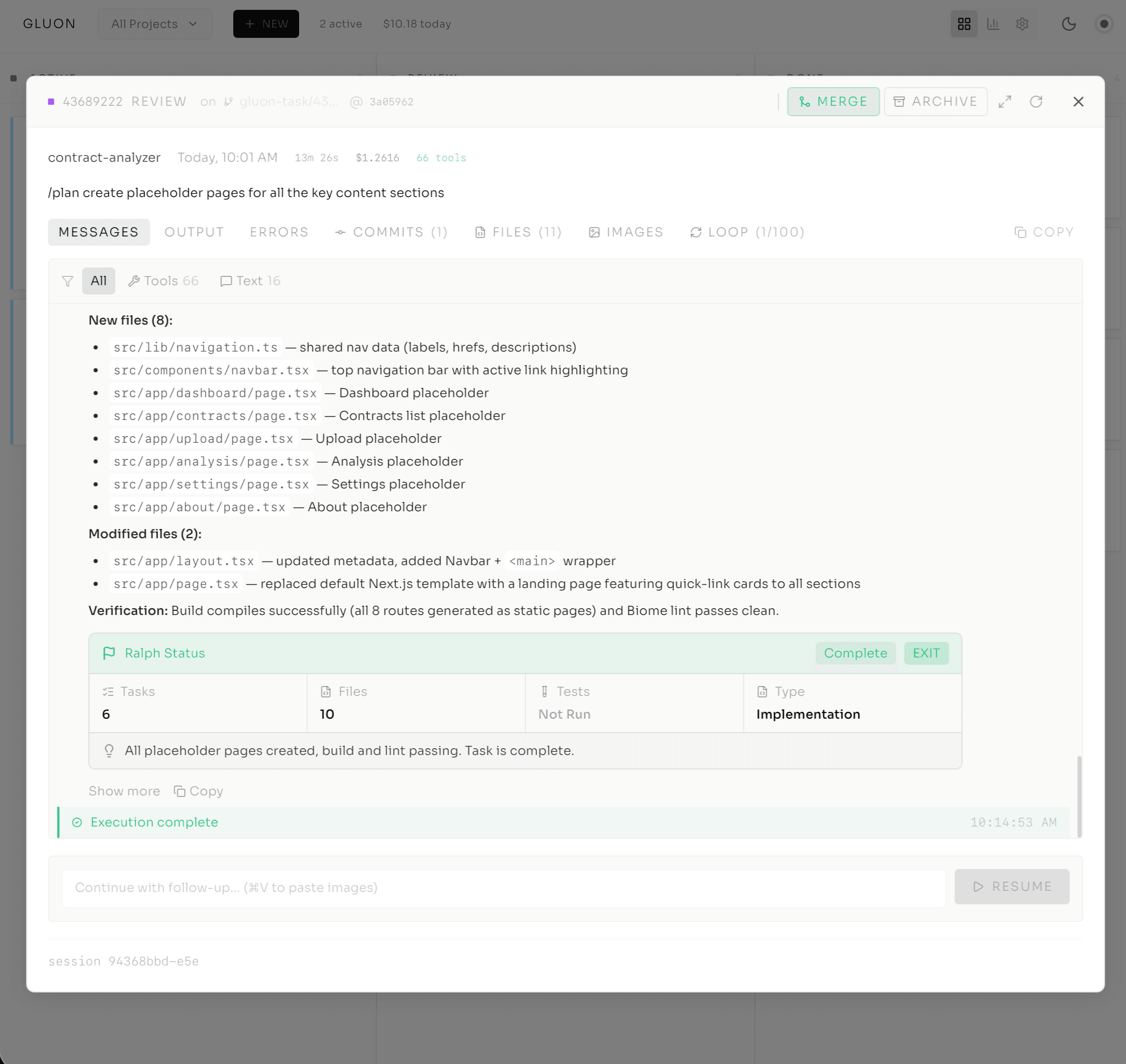 Completed autonomous task with Ralph Status summary and verification result