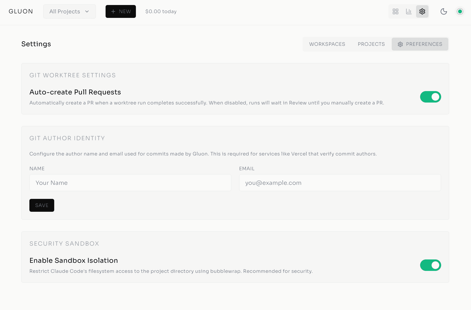 Gluon settings showing git worktree, author identity, and sandbox isolation options