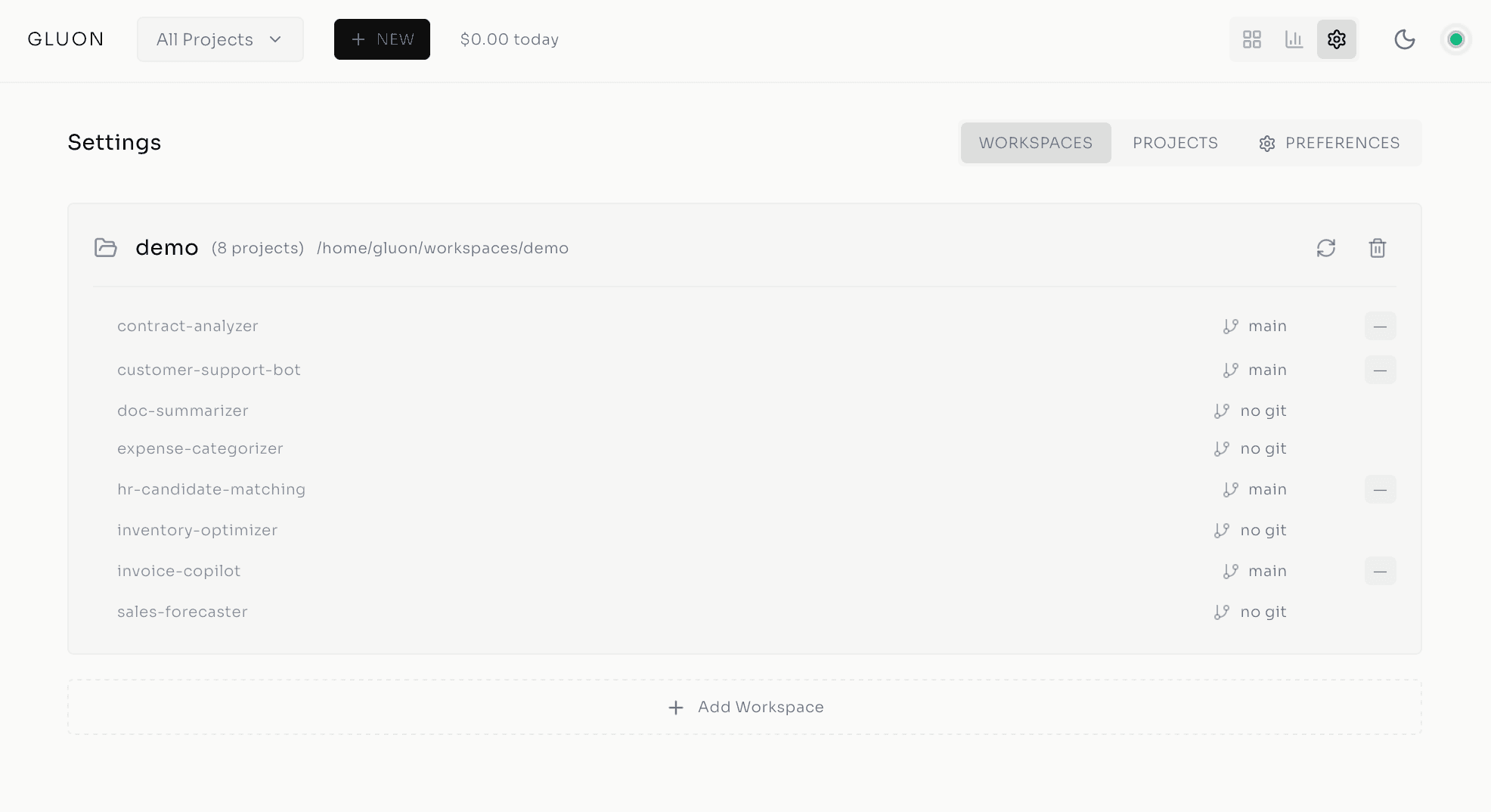 Workspace configuration with auto-discovered projects and git status