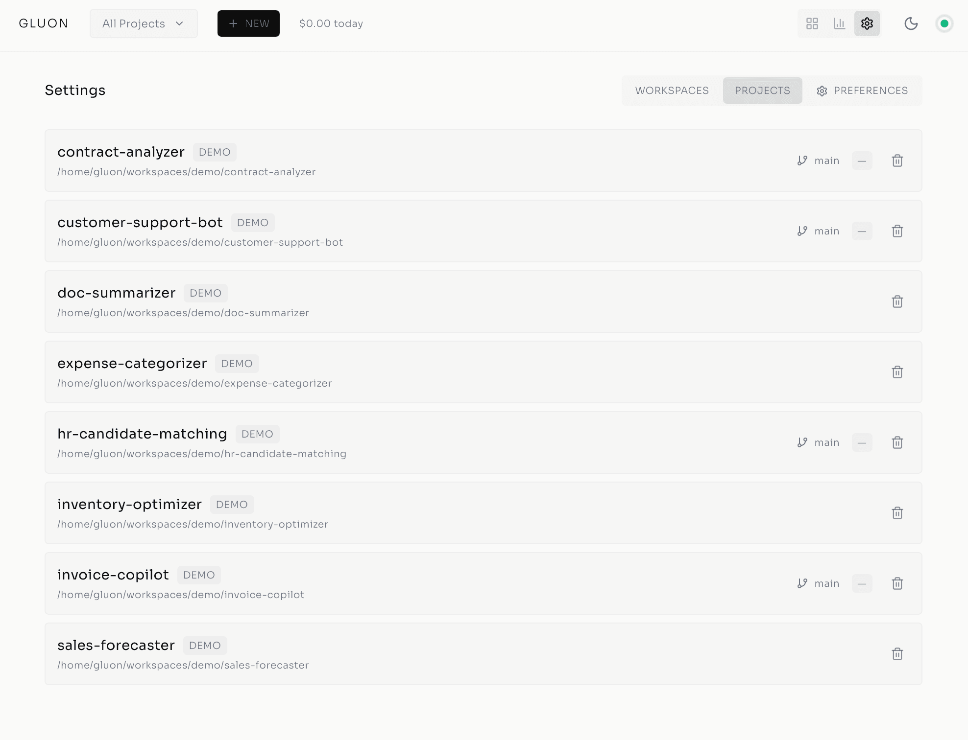 All projects listed with workspace labels and current git branches