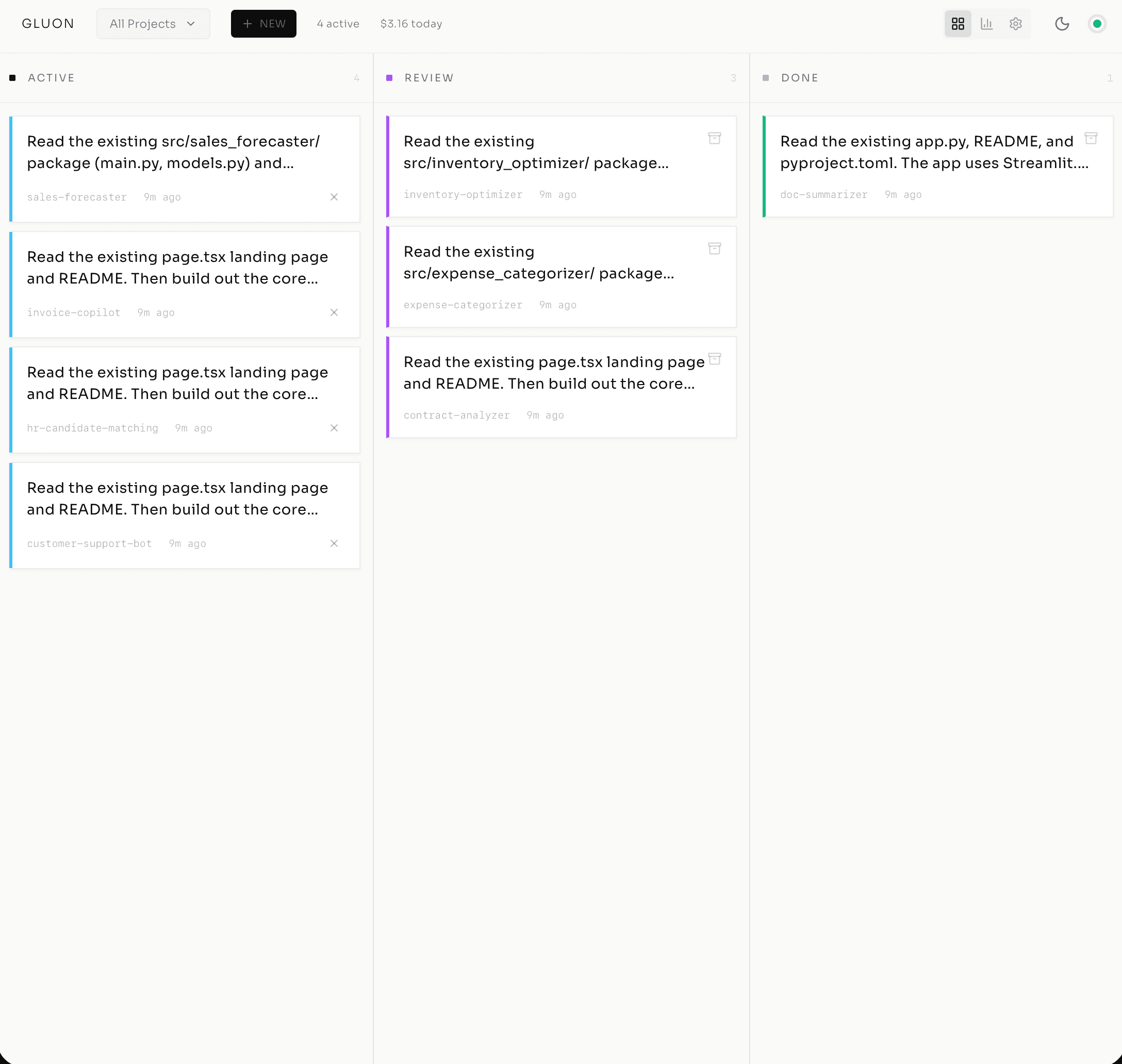 Gluon Kanban board showing tasks across Queue, Running, Review, and Done columns