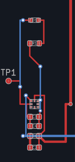 Native copper plot, component crop — NXP revision B. D1 and R1 at the top, the test pad, the XQFN8 tag, and C3/C4 immediately below it after the review shortened the reservoir return. Blue is back copper, red is front.