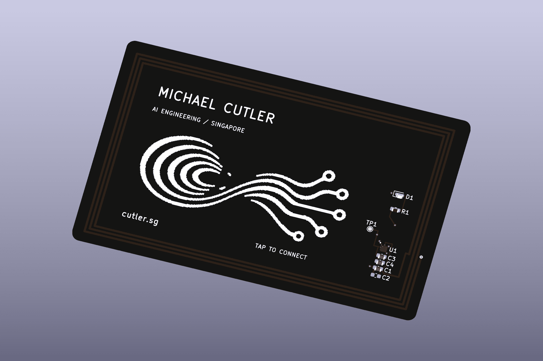 Native KiCad render — NXP revision B, perspective view. The LED branch (D1, R1) sits above the tag IC on the right and the reservoir capacitors (C3, C4) directly below it; the three-turn winding runs under the mask around the perimeter. A render, not a photograph of a manufactured board.