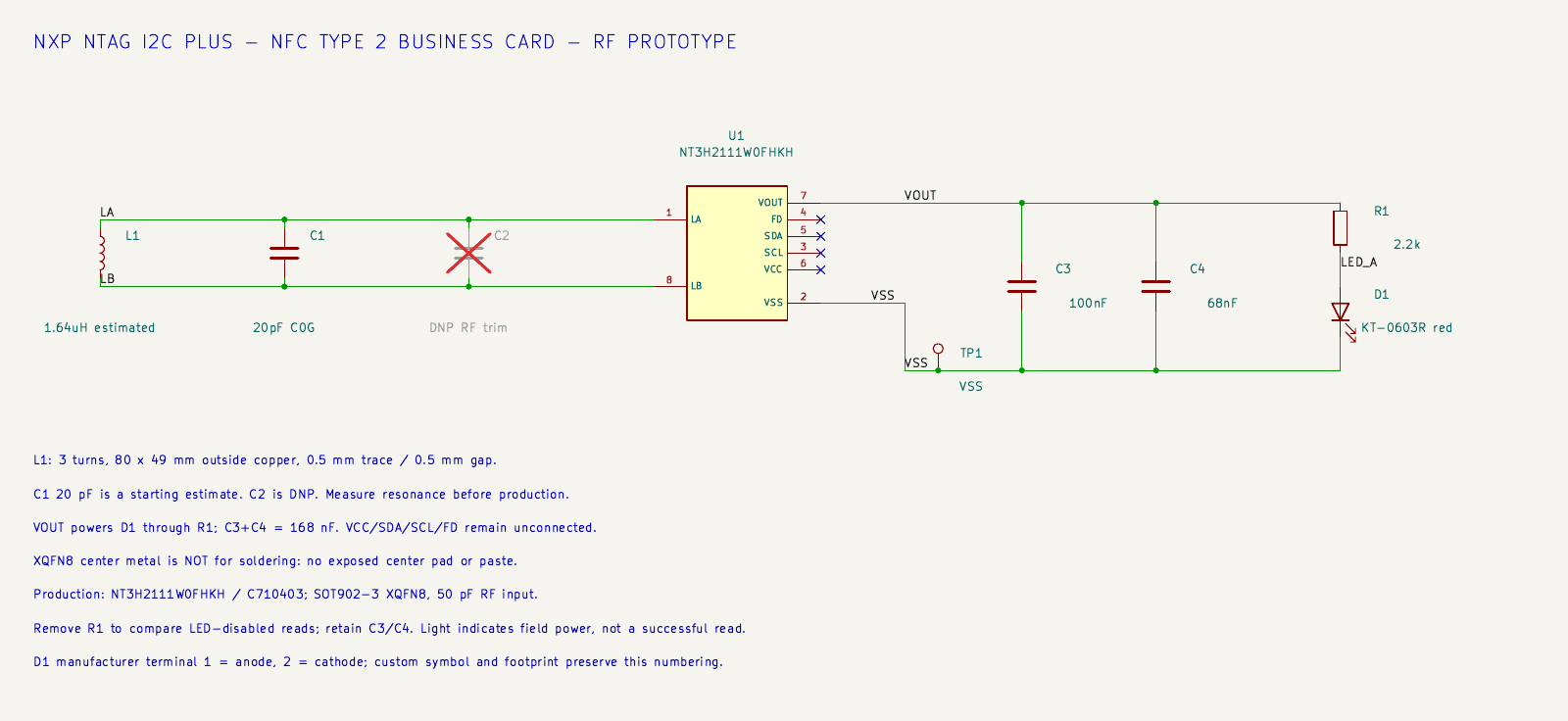 Exported schematic, detail — NXP revision B. VOUT (pin 7) feeds a 2.2 kΩ resistor and a red 0603 LED to the local VSS, with 100 nF and 68 nF reservoir capacitors in parallel. The note on the sheet records the manufacturer's terminal numbering: 1 = anode, 2 = cathode.