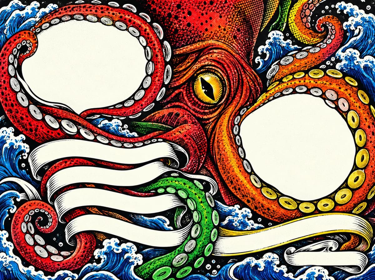 Budget Kraken clean plate: the same engraved octopus and waves with every word and number removed. The two tentacle-enclosed ovals and the parchment ribbons are now blank cream surfaces waiting for text.