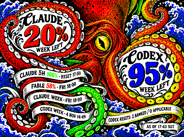 Seven-colour proof of the Budget Kraken concept from the design study, at the panel's native 600 × 448: the same composition reduced to black, white, green, blue, red, yellow and orange. The nearest digital stand-in for the inks, still not a photograph of the glass.