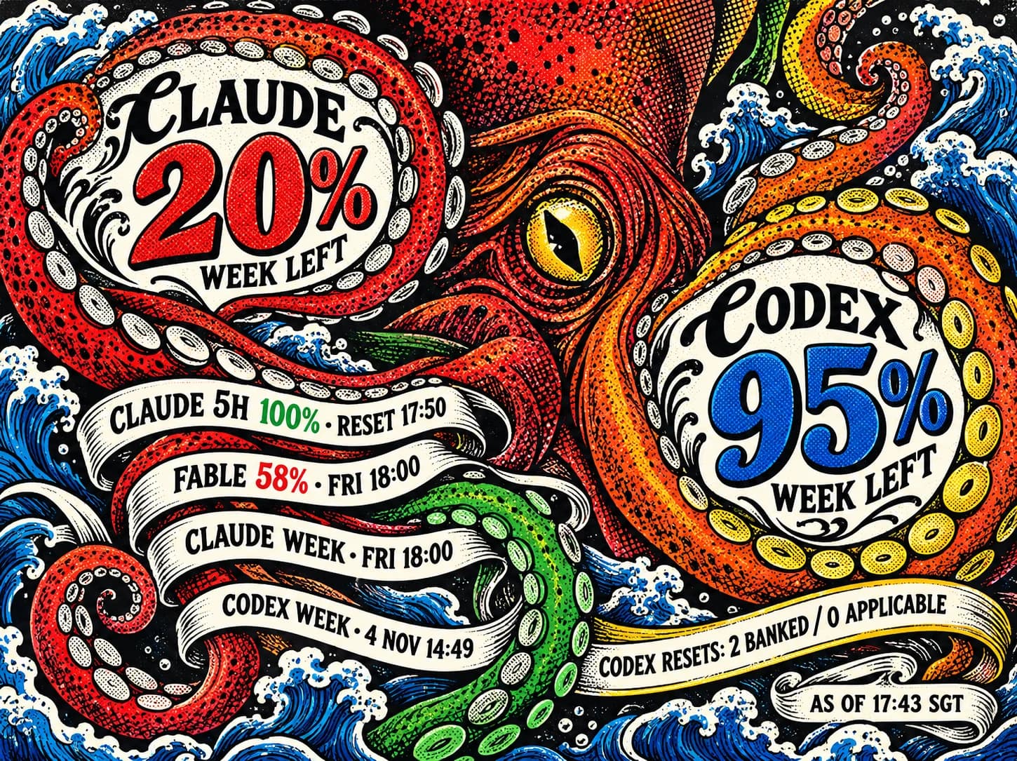 Budget Kraken concept: an engraved red-orange octopus in Hokusai-style blue waves. One coiled tentacle encloses 'Claude 20% week left' in red, another encloses 'Codex 95% week left' in blue, and parchment ribbons woven through the arms carry session, Fable, weekly reset and reset-credit lines with an 'As of 17:43 SGT' tag. A digital mockup with frozen example readings, not a photograph of the panel.