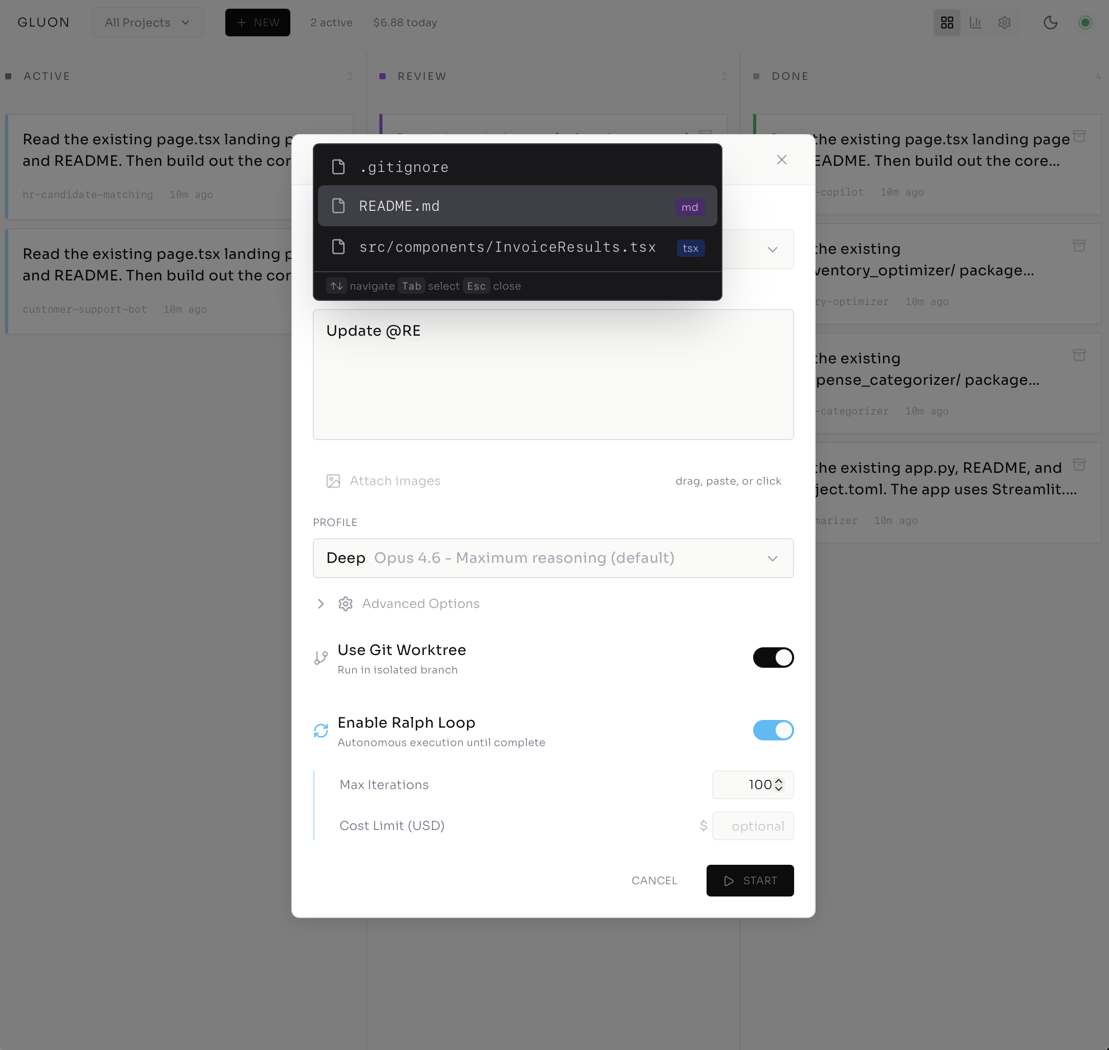 Profile selection, git worktree toggle, and execution options