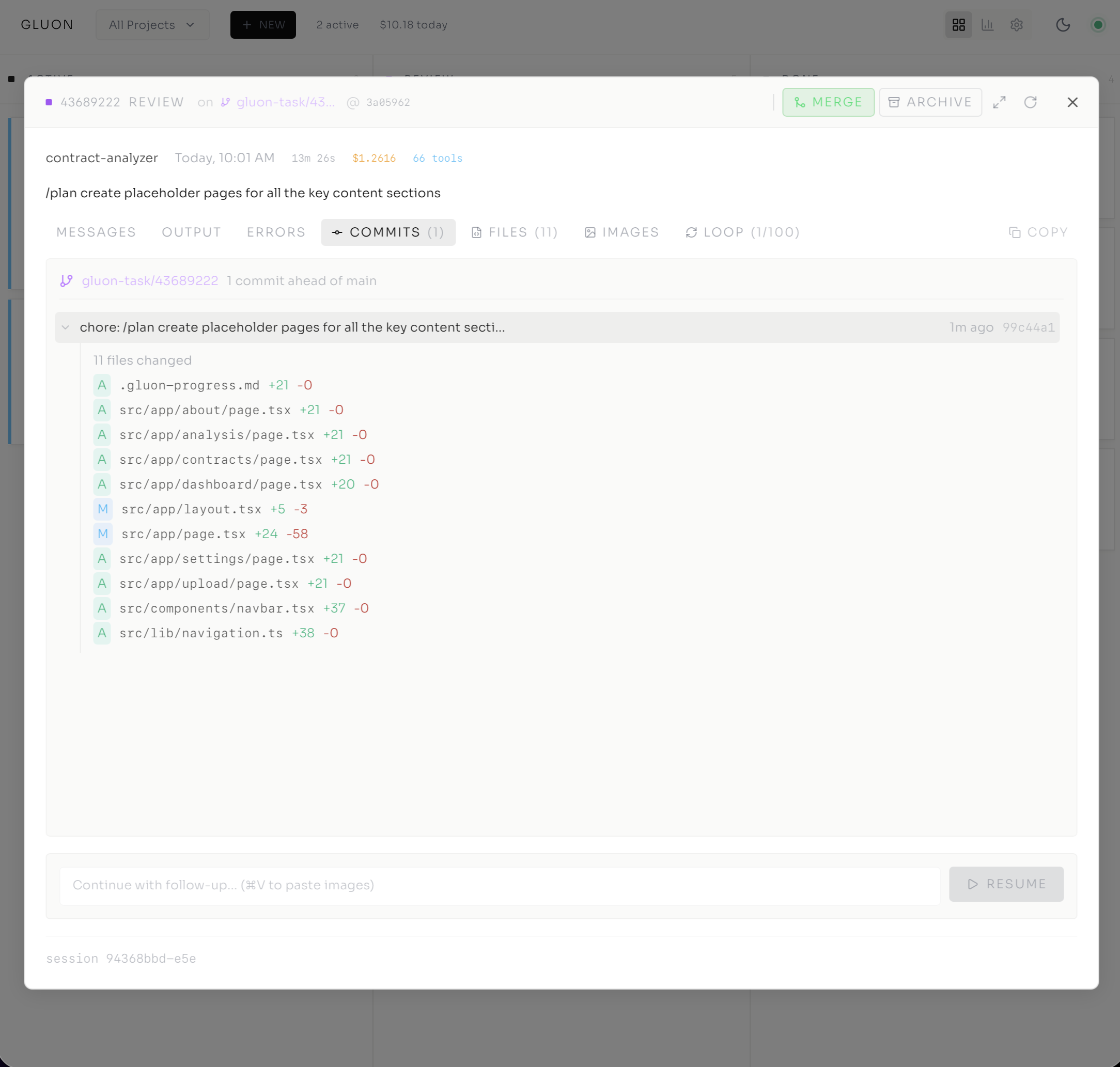Commits tab showing files changed with additions and deletions