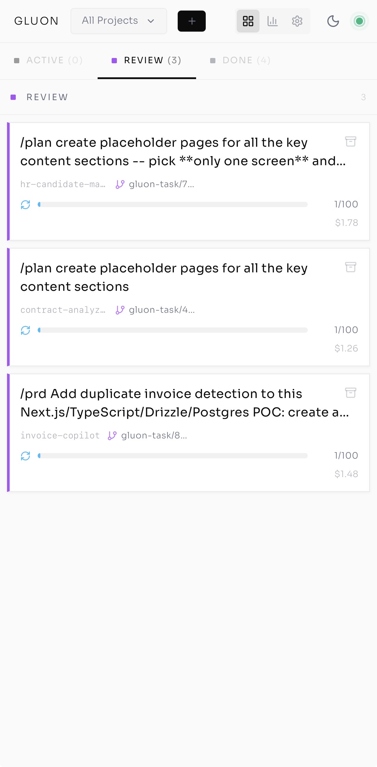 Gluon mobile PWA showing the Kanban board on a phone