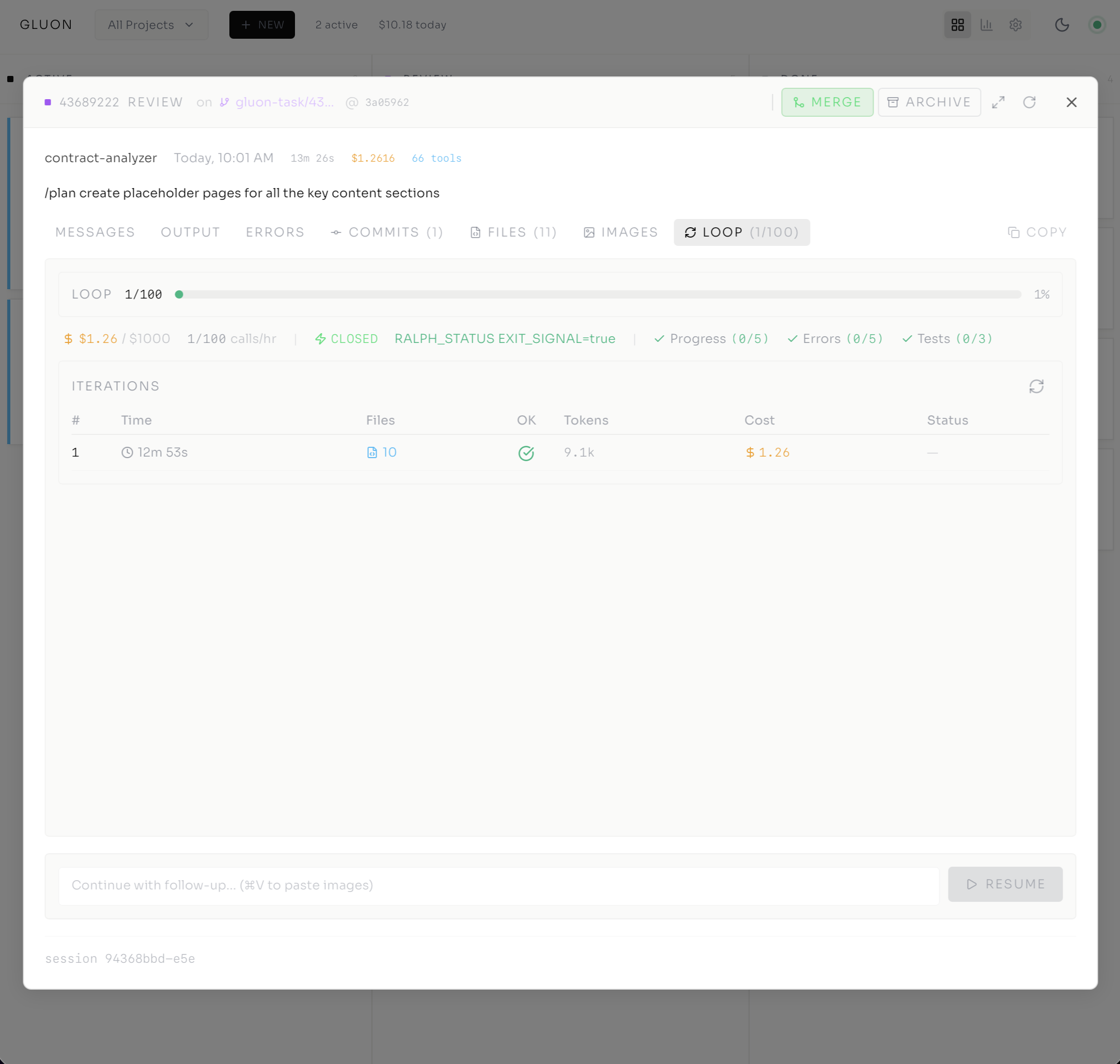 Ralph Loop iteration tracking showing files changed, tokens, cost, and exit signals per loop