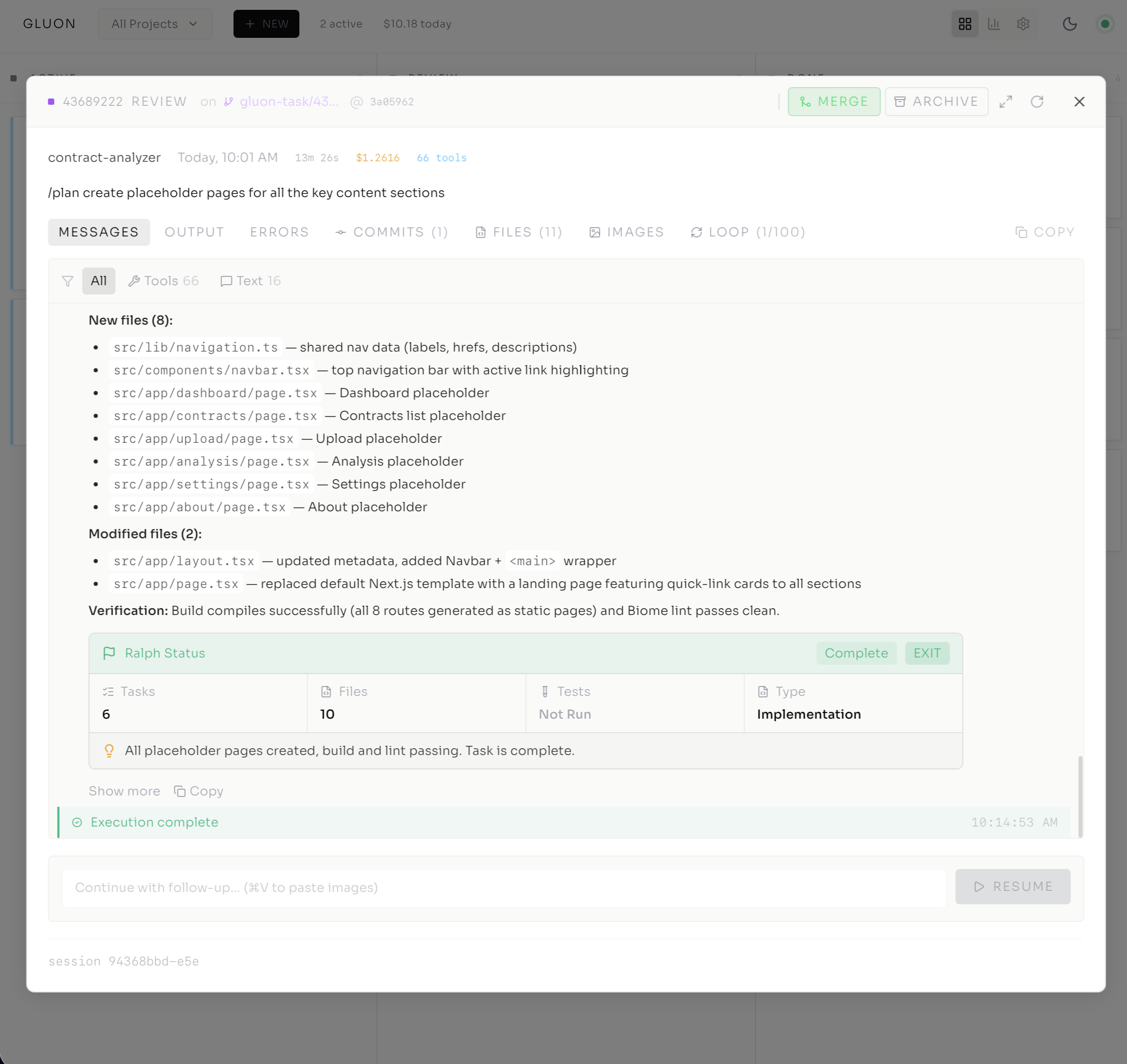Completed autonomous task with Ralph Status summary and verification result