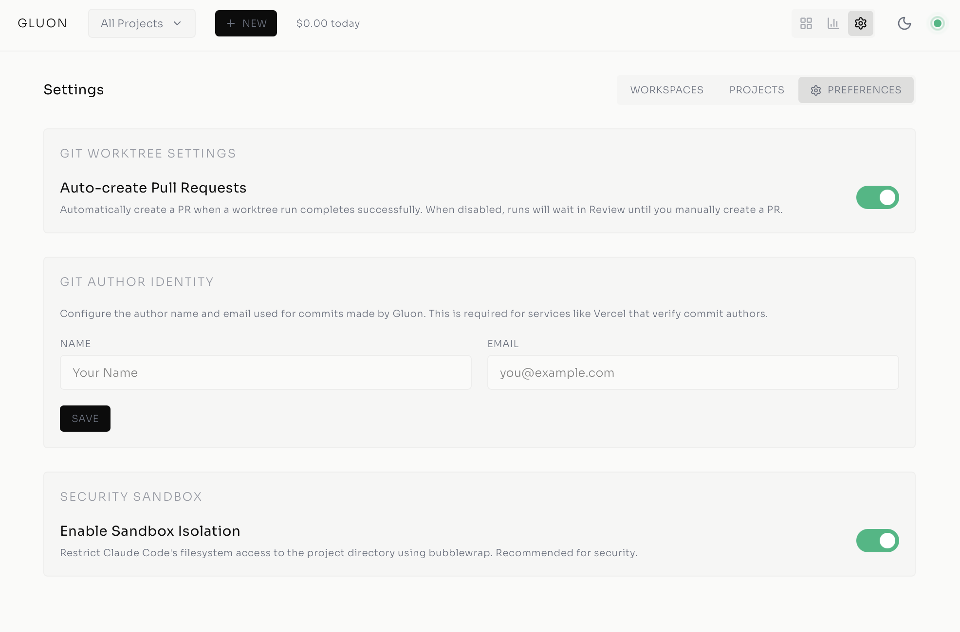 Gluon settings showing git worktree, author identity, and sandbox isolation options