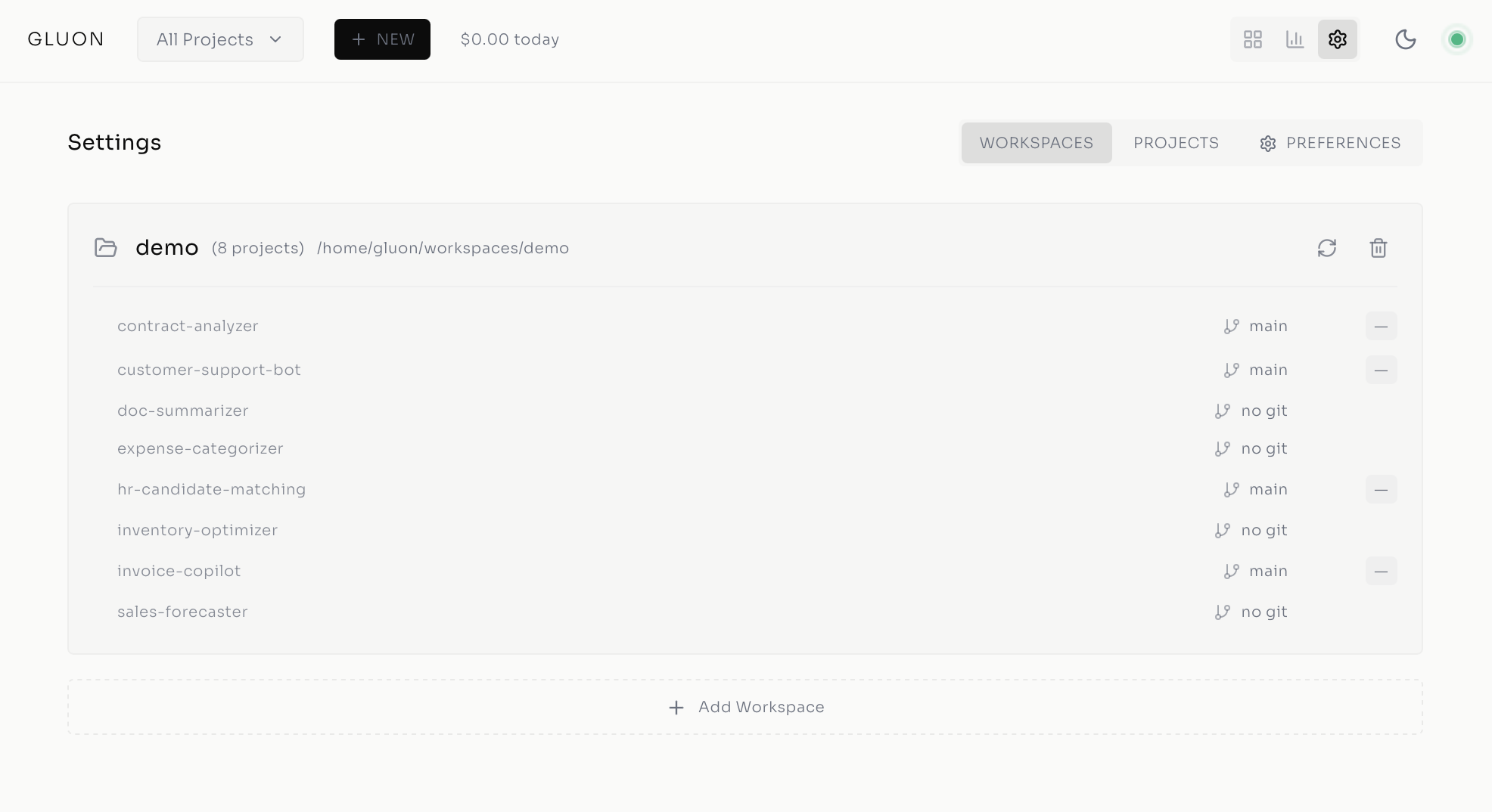 Workspace configuration with auto-discovered projects and git status