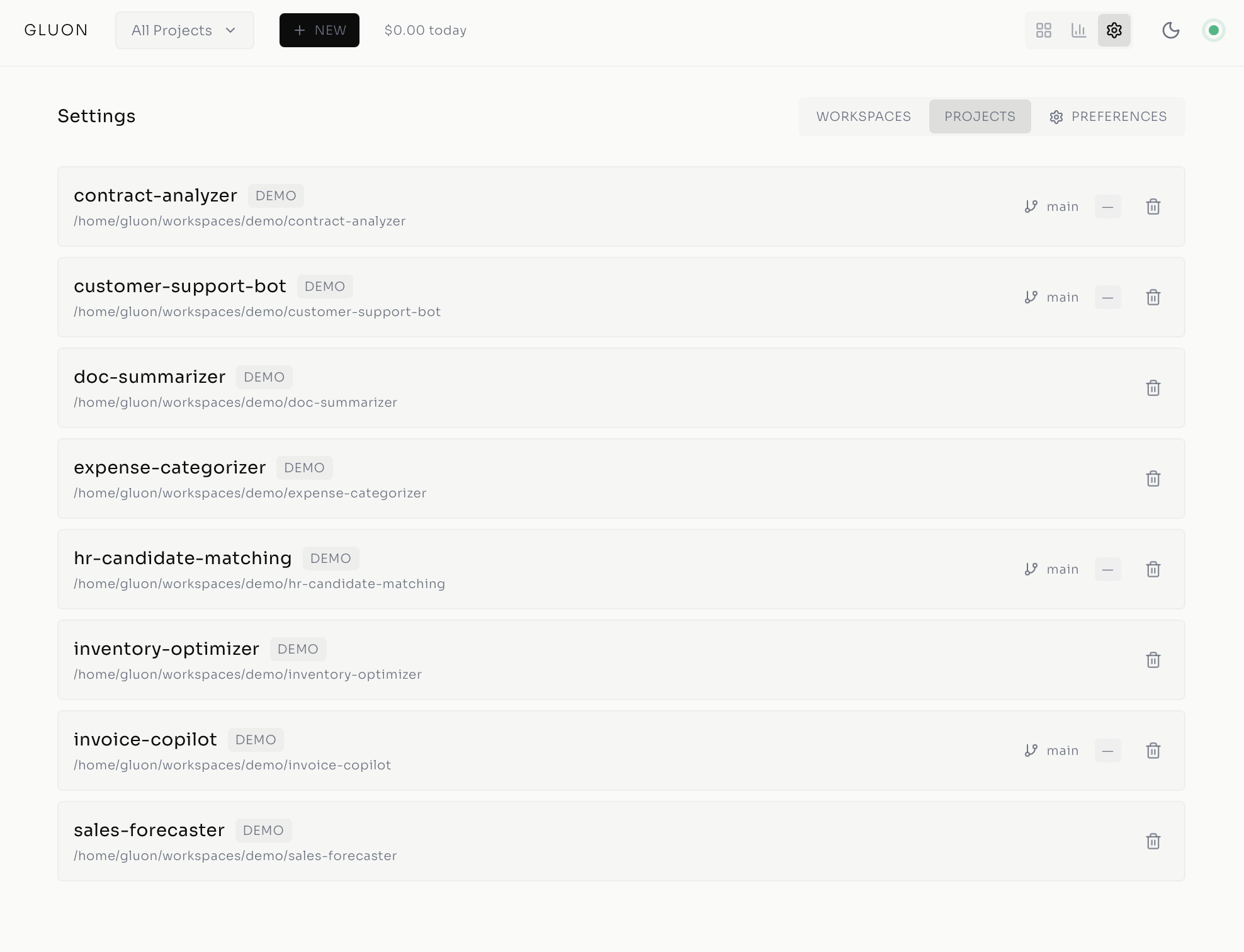 All projects listed with workspace labels and current git branches