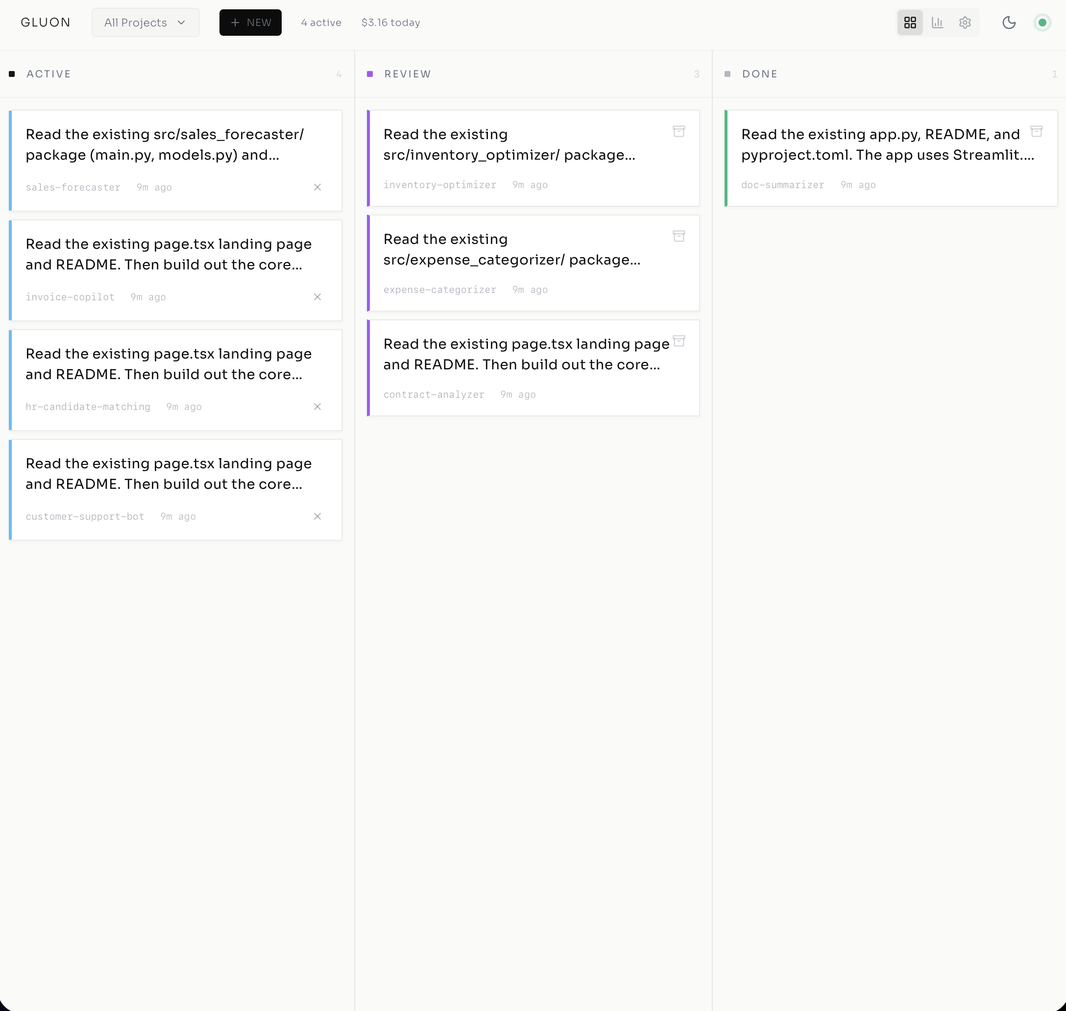 Gluon Kanban board showing tasks across Queue, Running, Review, and Done columns