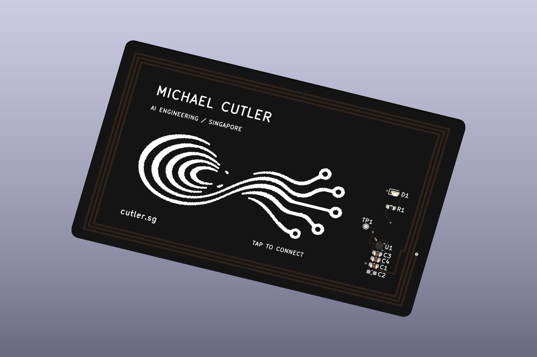 Native KiCad render — NXP revision B, perspective view. The LED branch (D1, R1) sits above the tag IC on the right and the reservoir capacitors (C3, C4) directly below it; the three-turn winding runs under the mask around the perimeter. A render, not a photograph of a manufactured board.