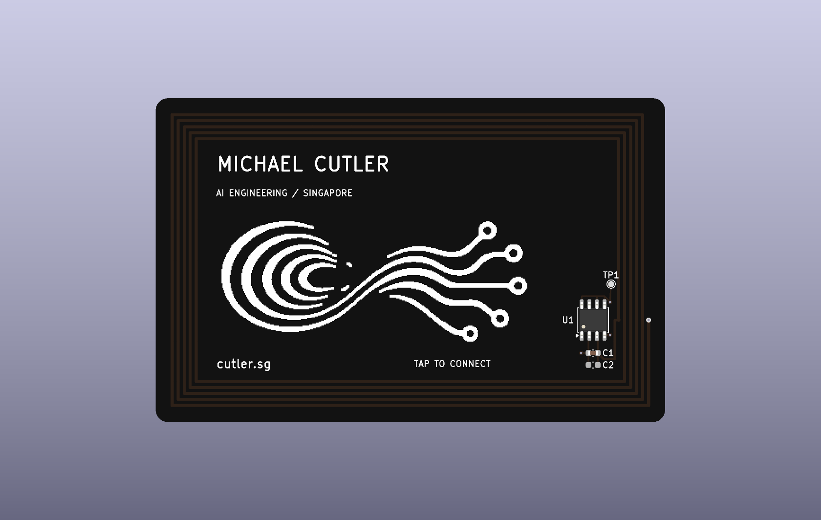 Native KiCad render, front — ST card. The converted motif as 847 silkscreen rectangles, the name and tagline as KiCad text, and the SO8 cluster lower right. A render, not a manufactured board.