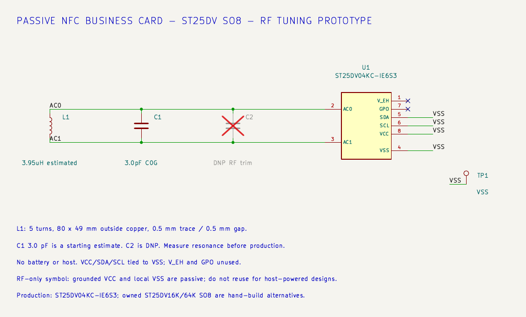 Exported schematic, detail — ST card. ST25DV04KC-IE6S3 in SO8, a five-turn printed antenna between AC0 and AC1, a 3.0 pF C0G tuning capacitor and an unfitted trim position. VCC/SDA/SCL are tied to a local VSS because there is no host.